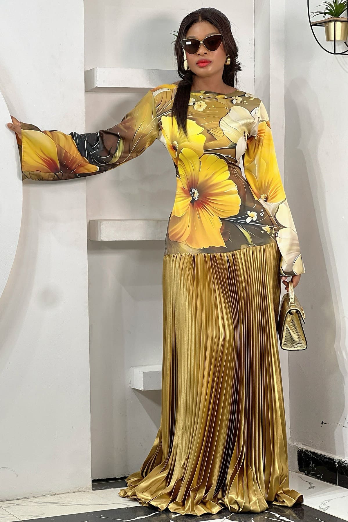 Tropical Wave Pleated Maxi Dress