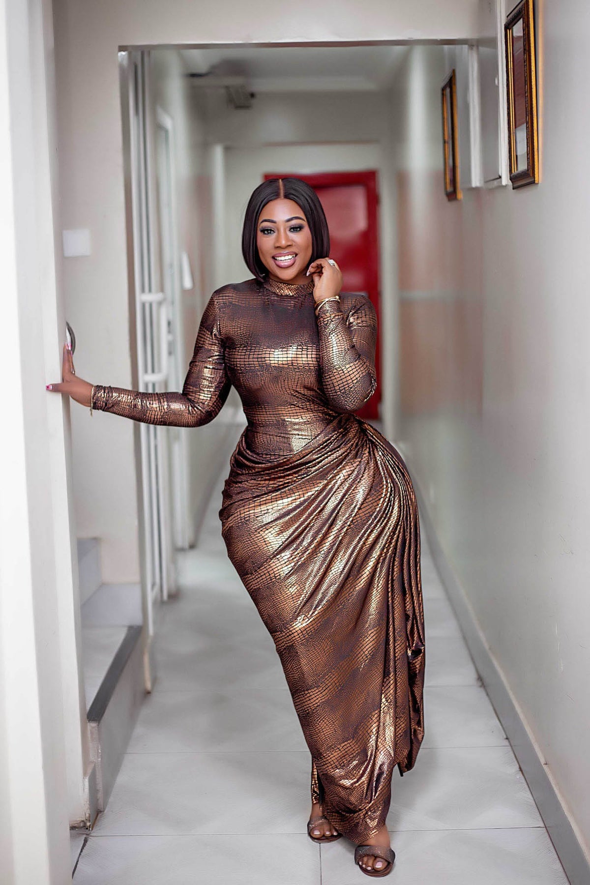 Liquid Bronze Asymmetric Tail Maxi Dress
