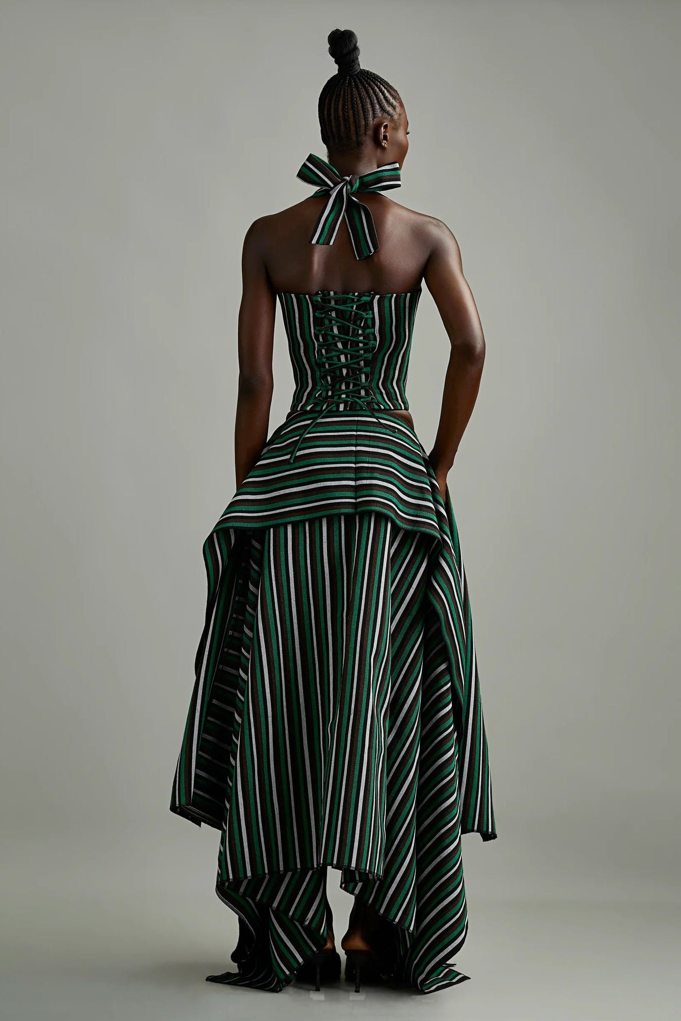 Green Striped Asymmetric High-Low Skirt