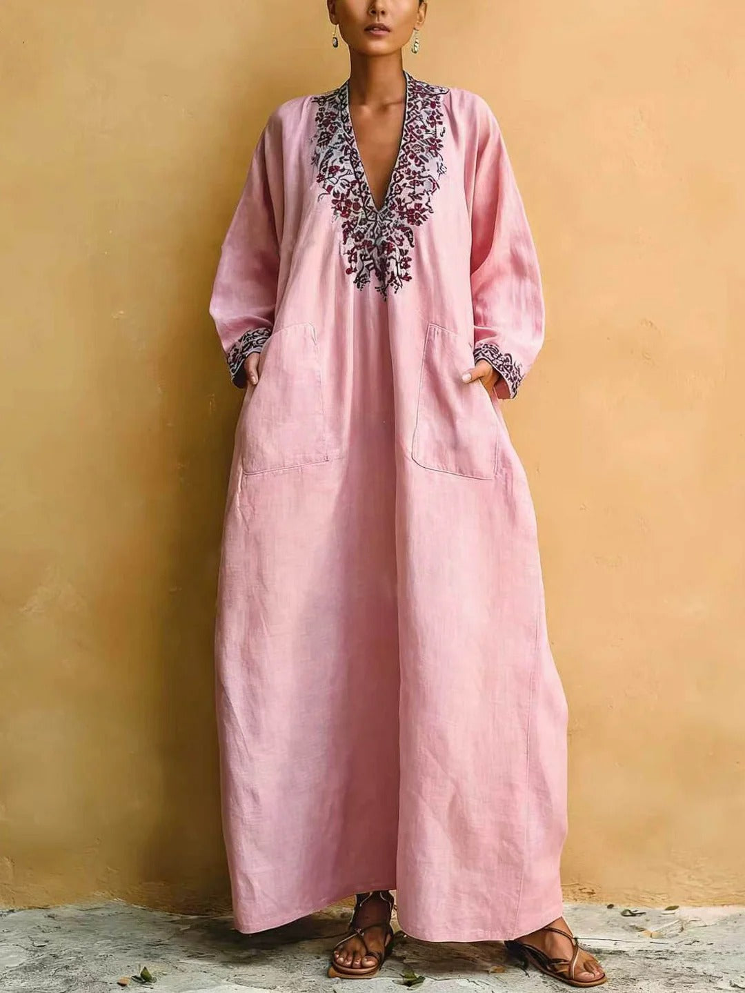 Pink Minimalist Print V-neck Loose Maxi Dress