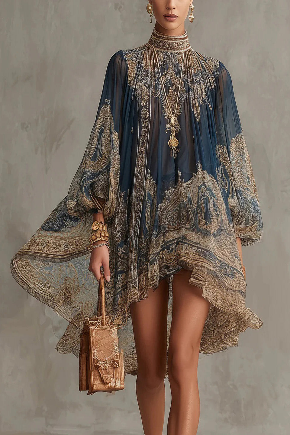 Navy Blue Baroque Print Chiffon Mini Dress