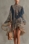 Navy Blue Baroque Print Chiffon Mini Dress