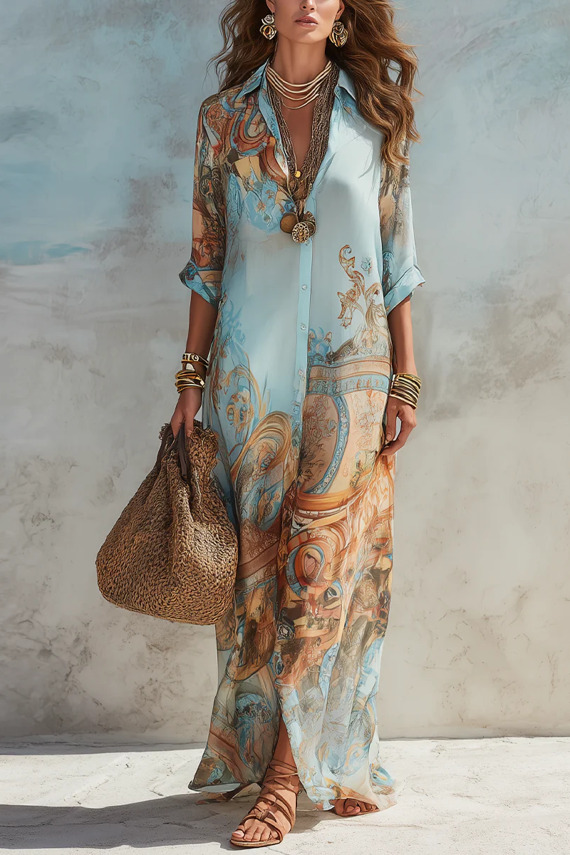 Vacation Blue Floral Print Shirt Maxi Dress