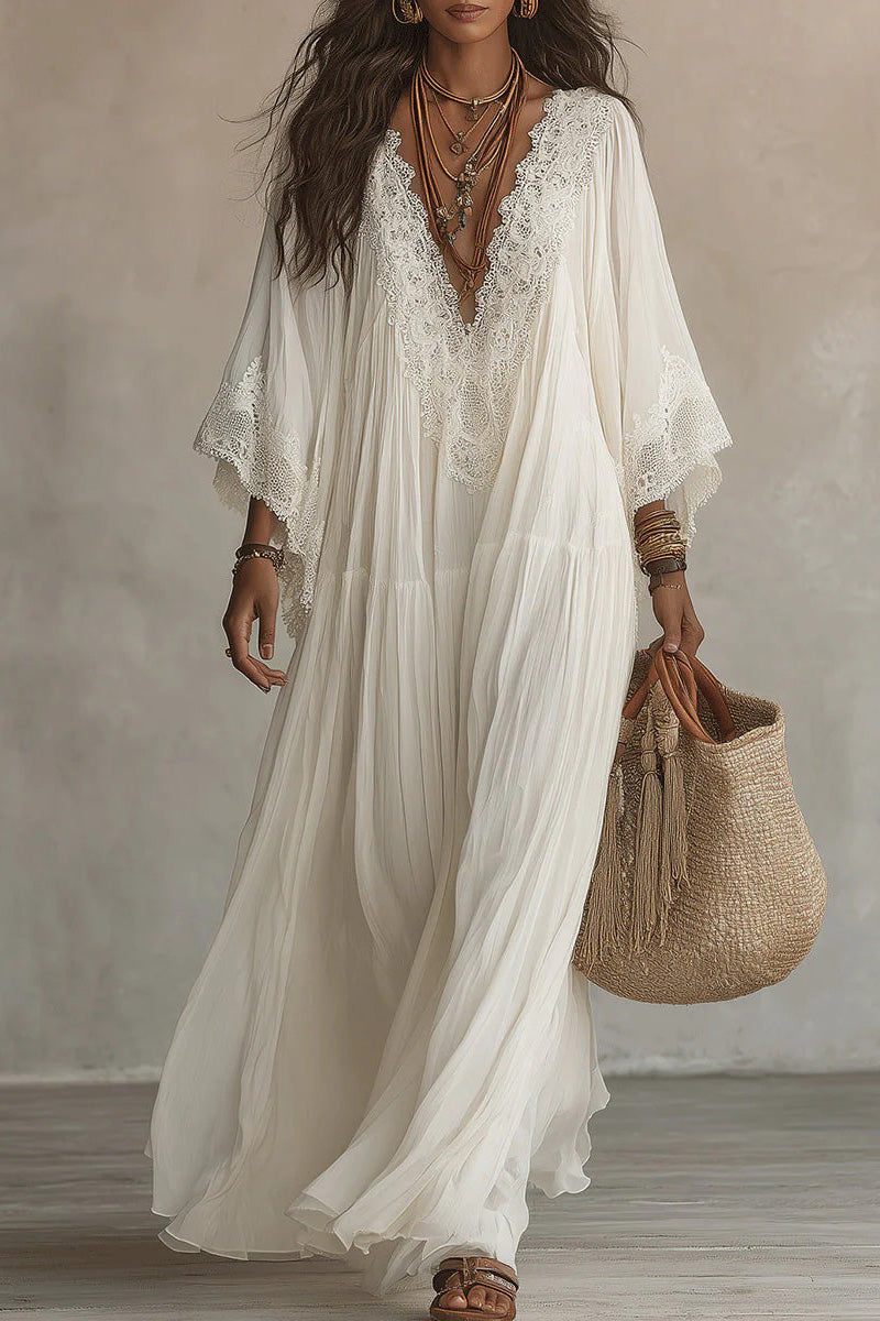 White Lace V-neck Batwing Chiffon Maxi Dress