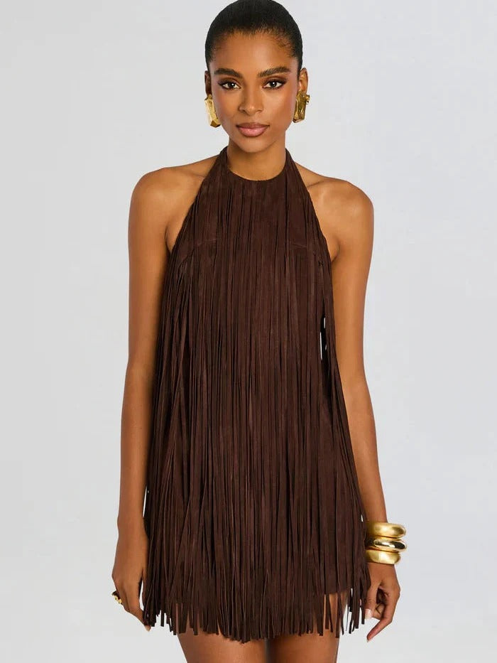 Halter-Style Tassels Faux Sued Mini Dress