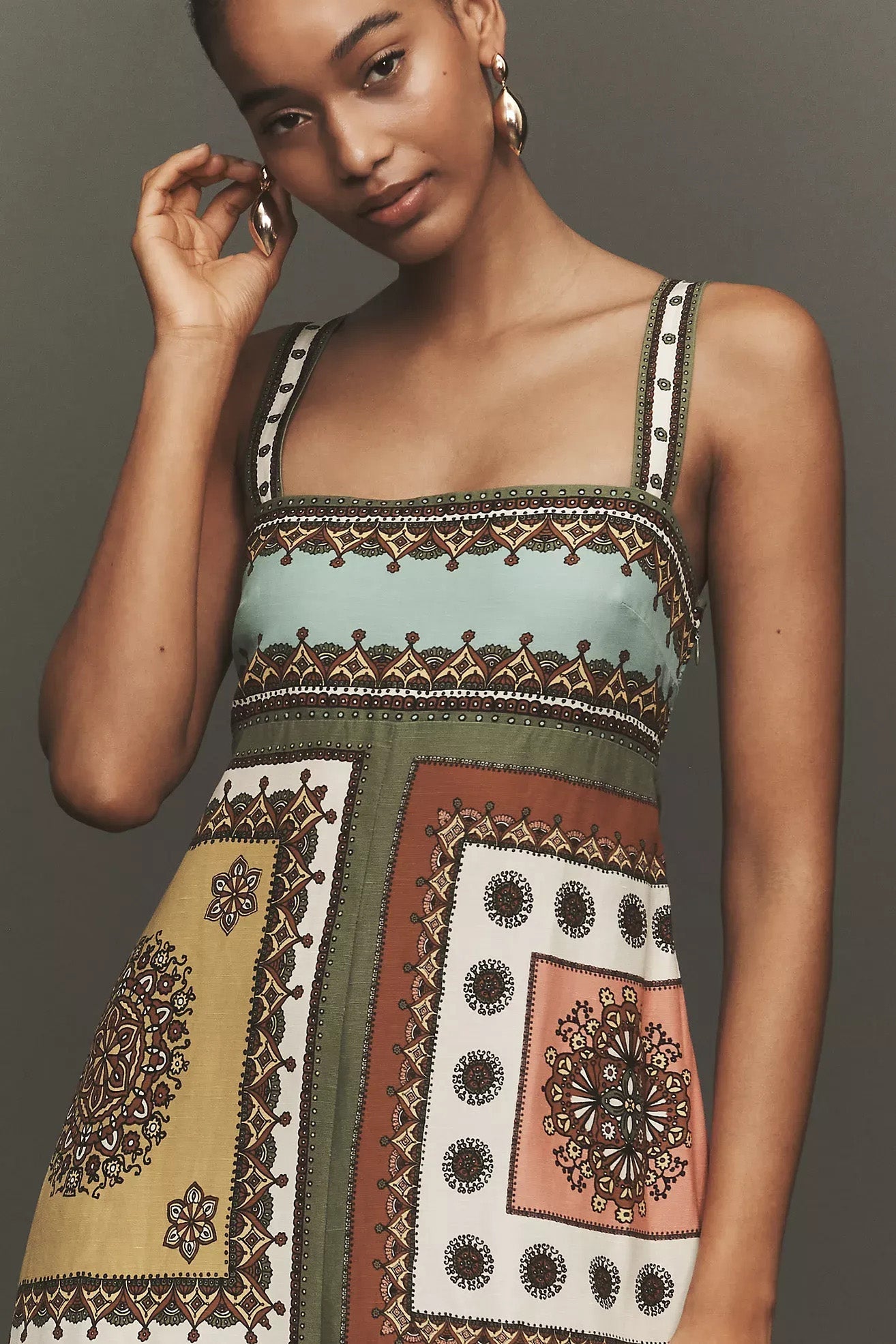Patchwork Geometric Print Strap Midi Dress