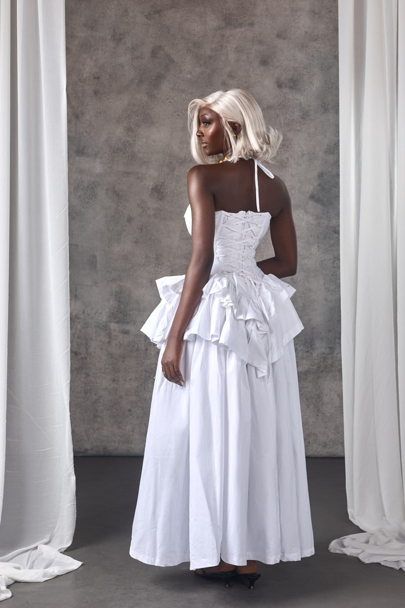 White Corset Tiered Ruffle Maxi Dress
