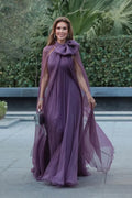 Mauve Chiffon Bow Cape Sleeve Pleated Maxi Gown