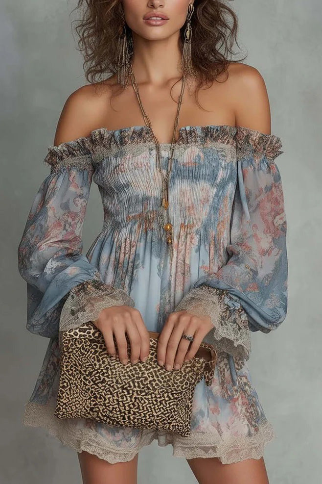 Floral Off-Shoulder Long Sleeve Mini Dress