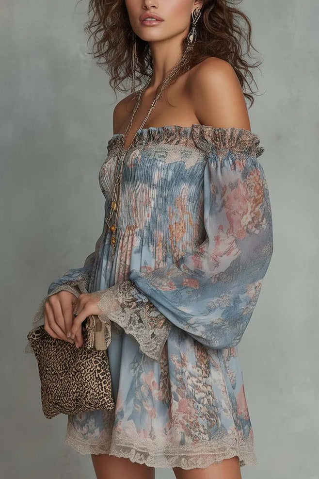 Floral Off-Shoulder Long Sleeve Mini Dress