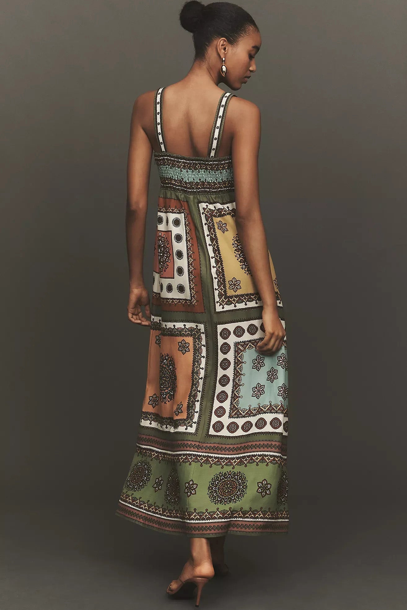 Patchwork Geometric Print Strap Midi Dress