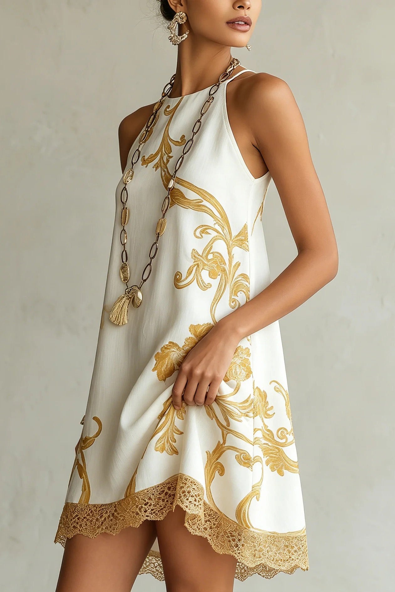 Golden Floral Halter A-Line Mini Dress