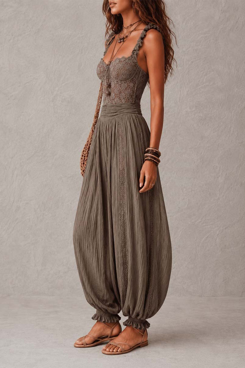Grey Lace Bandeau Pleated Cotton Harem Pants Set