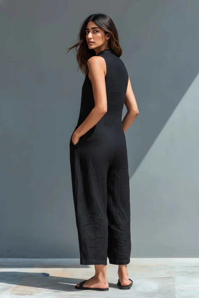 Black Linen Stand Collar Sleeveless Jumpsuit