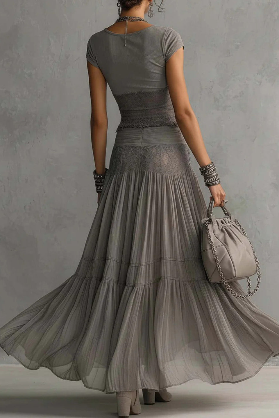 Grey Lace-Paneled Top and Pleated Maxi Skirt Set