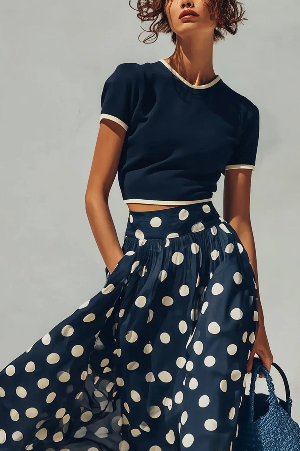 Navy Knit Top And Polka Dot Chiffon Skirt Set