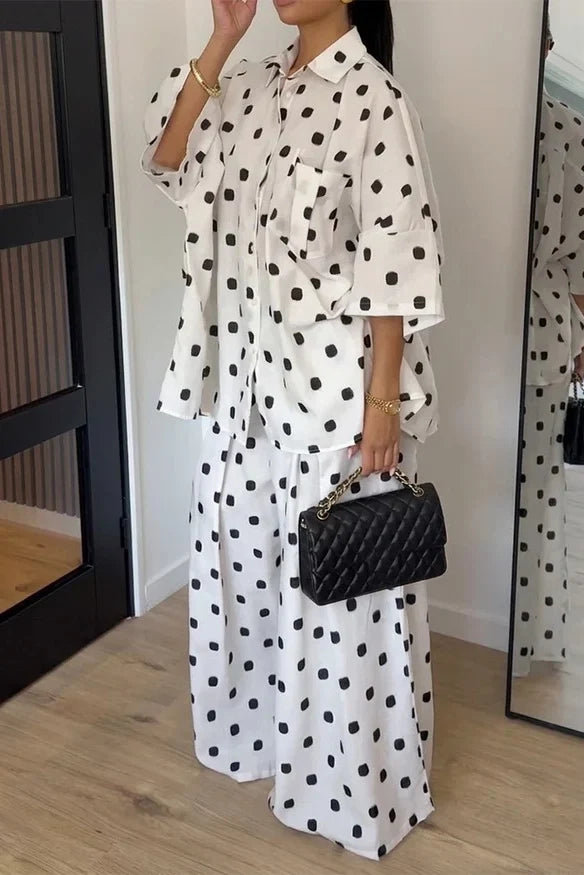 White Black Polka Dot Pants Set