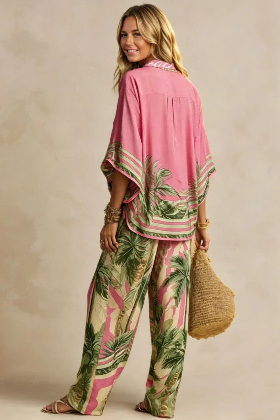 Effortless Palm-Print Kimono Two-Piece Set