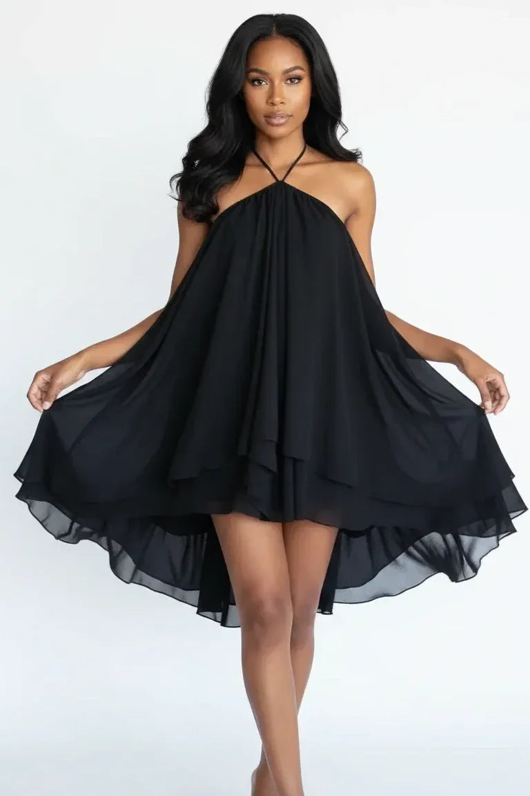 Black Halter Ruffle Mini Dress