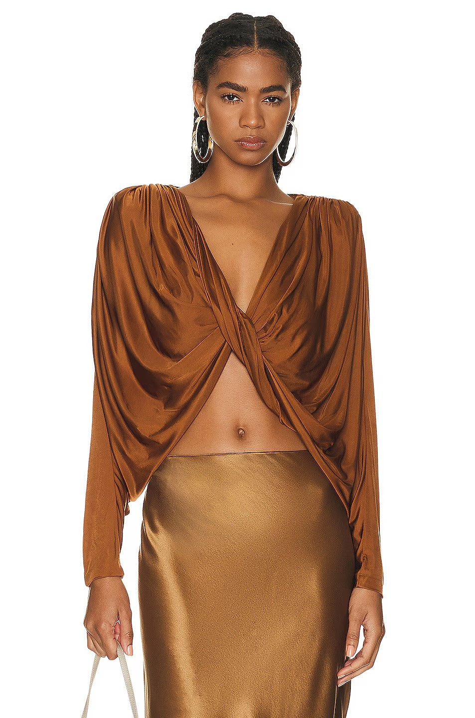 Brown Satin Twisted Draped Crop Top