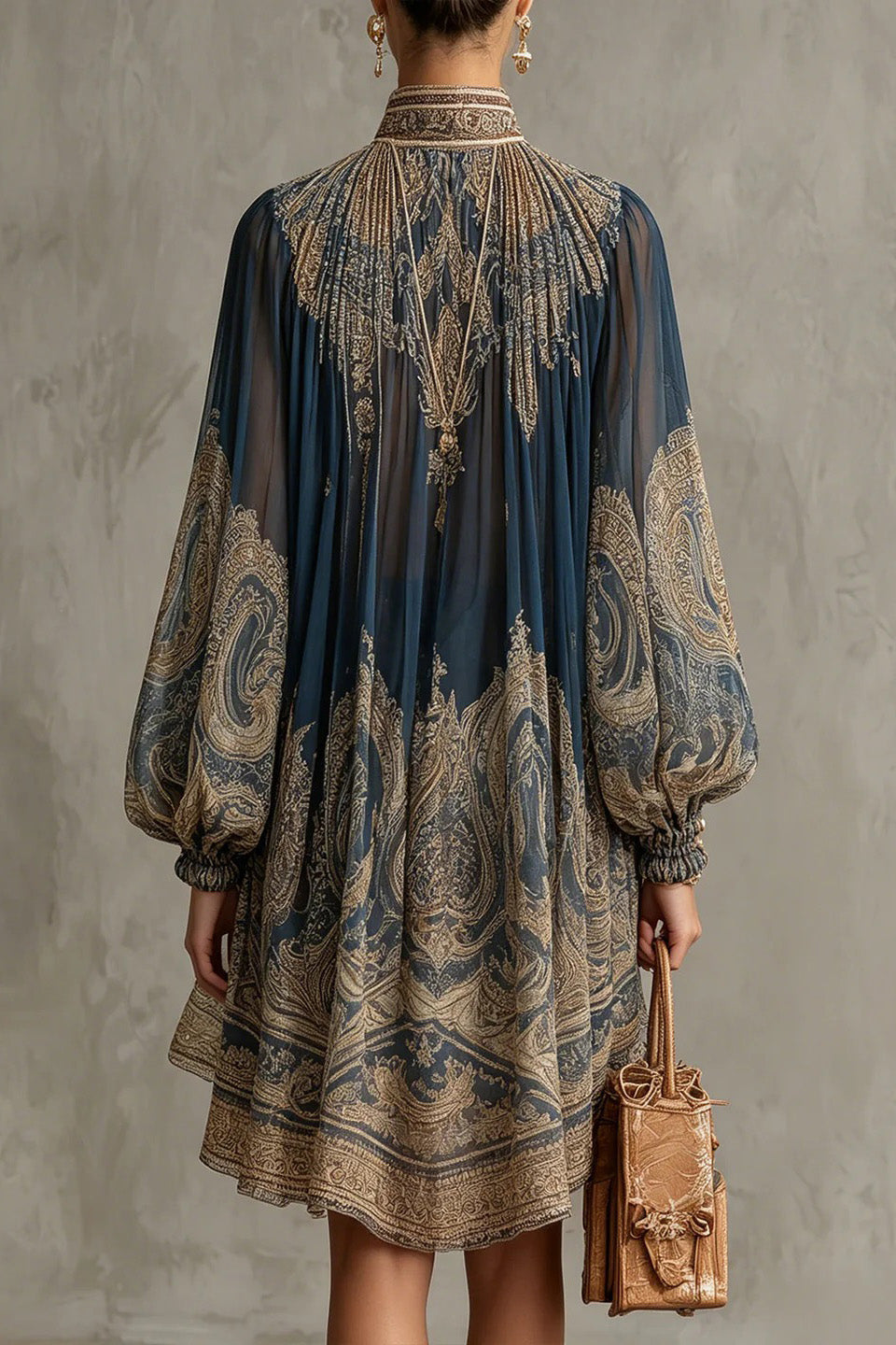 Navy Blue Baroque Print Chiffon Mini Dress