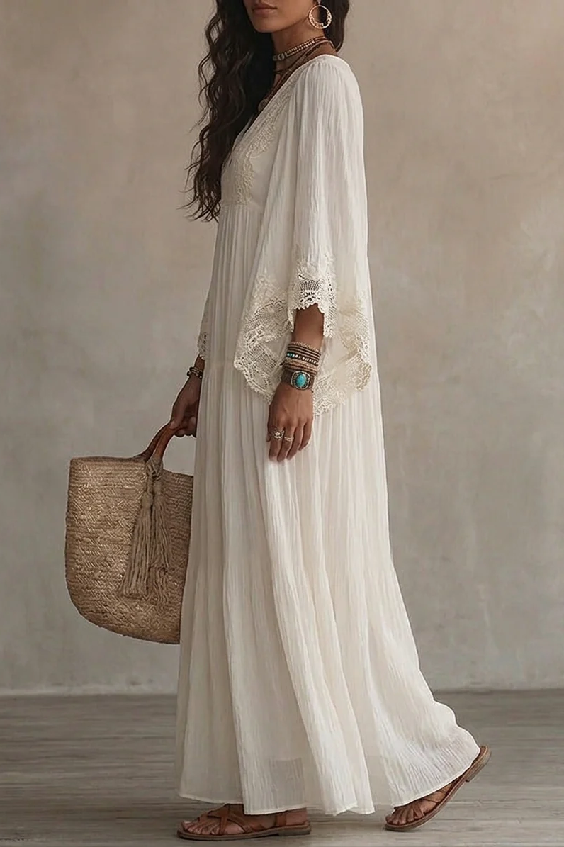 White Lace V-neck Batwing Chiffon Maxi Dress