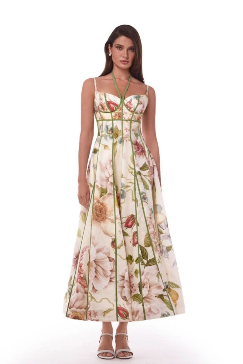 Cream Floral Corset Bustier Midi Dress