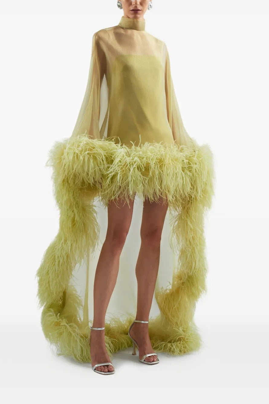 Pale Kiwi Gold Sheer Feather Cape Maxi Dress