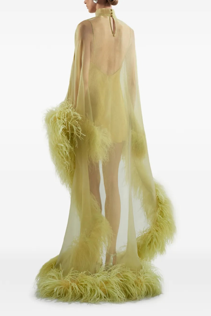 Pale Kiwi Gold Sheer Feather Cape Maxi Dress