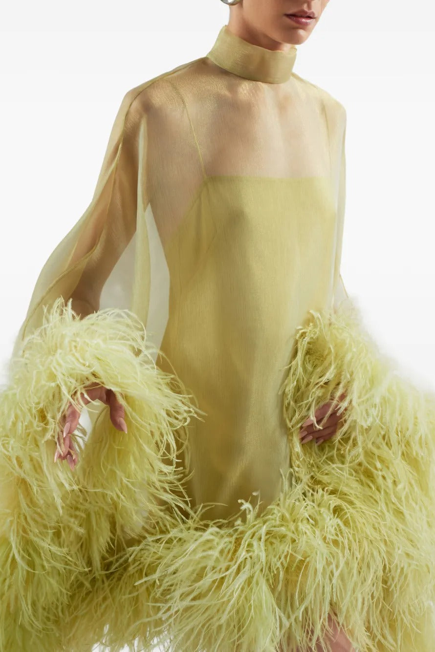 Pale Kiwi Gold Sheer Feather Cape Maxi Dress