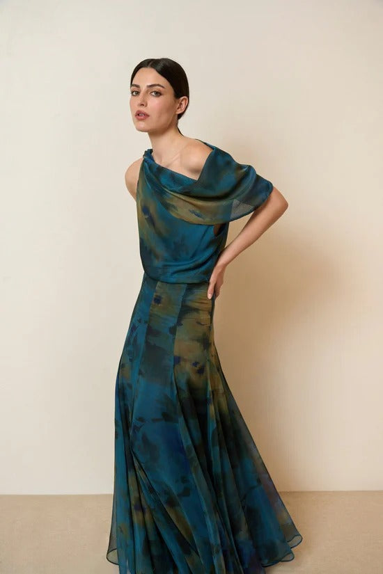 Draped Neck Abstract Skirt Set