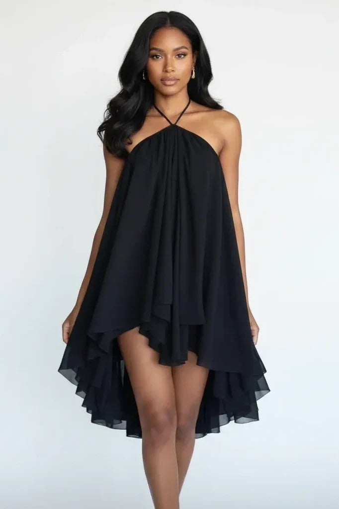 Black Halter Ruffle Mini Dress