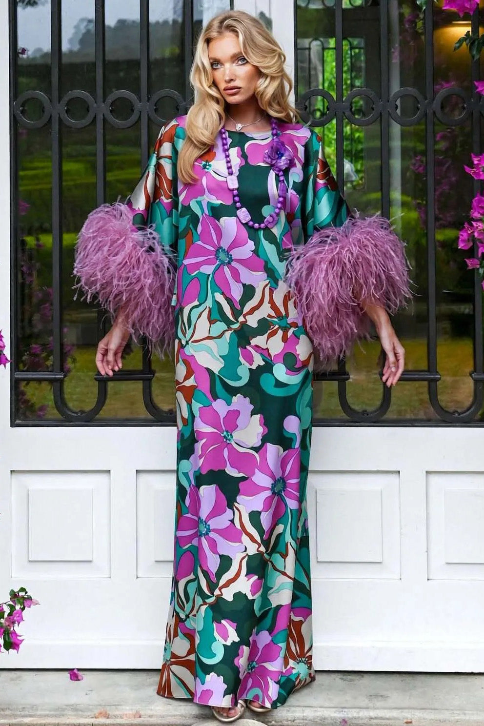 Bold Floral Feather Cuff Batwing Maxi Dress