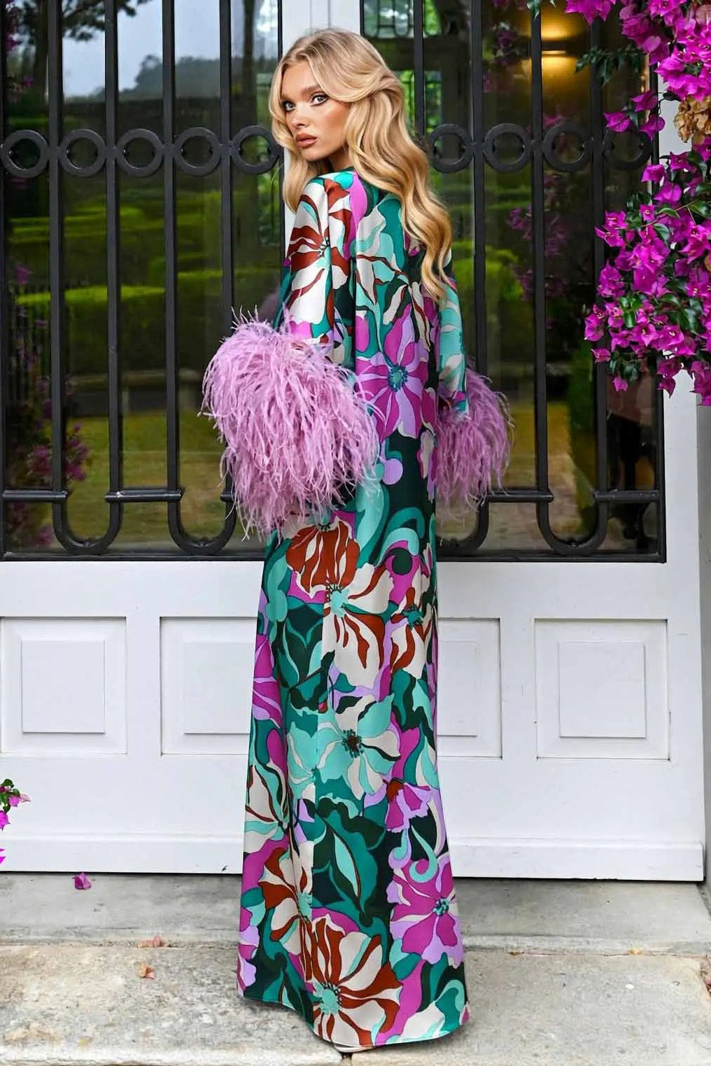 Bold Floral Feather Cuff Batwing Maxi Dress