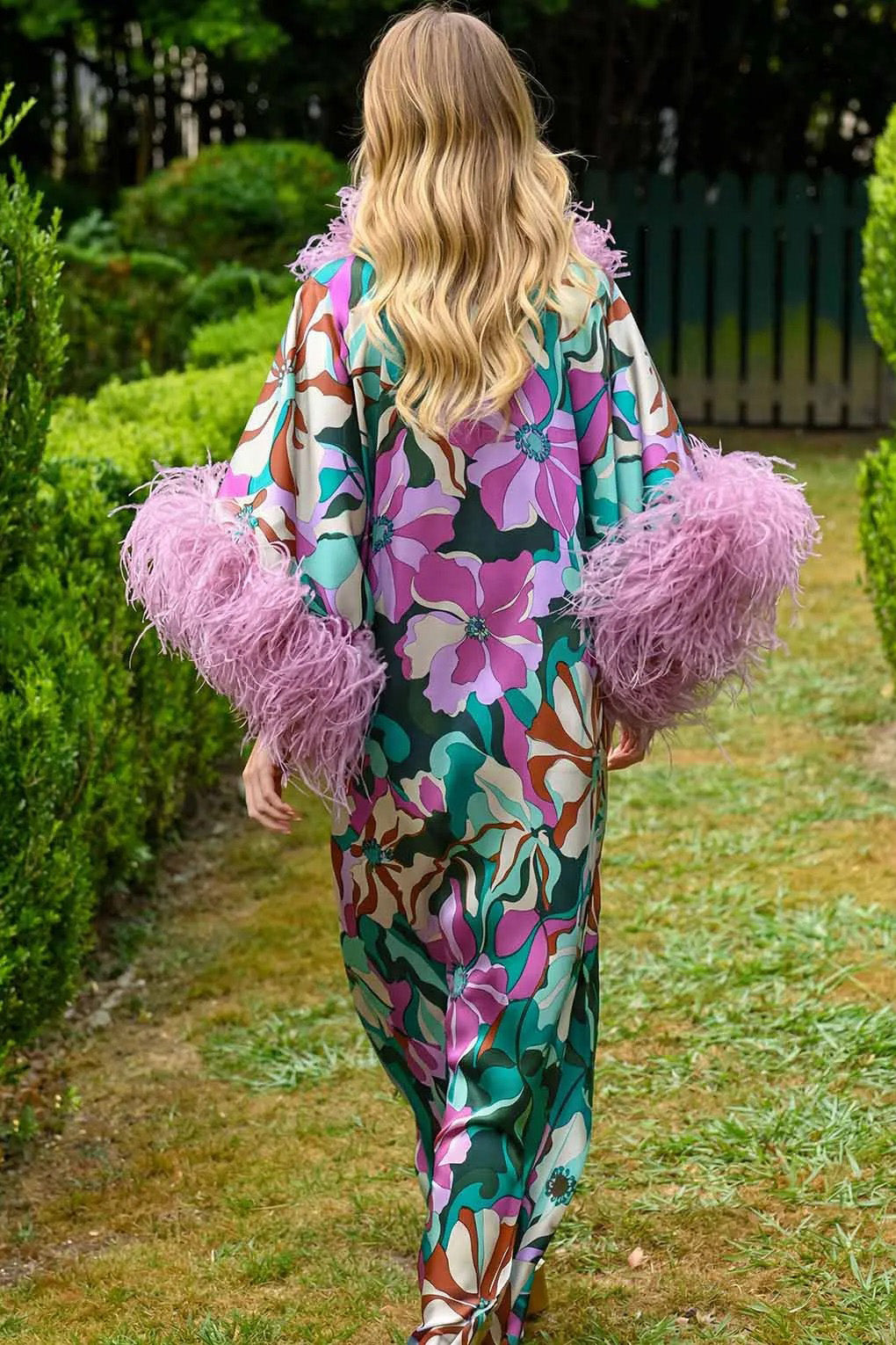 Bold Floral Feather Cuff Batwing Maxi Dress
