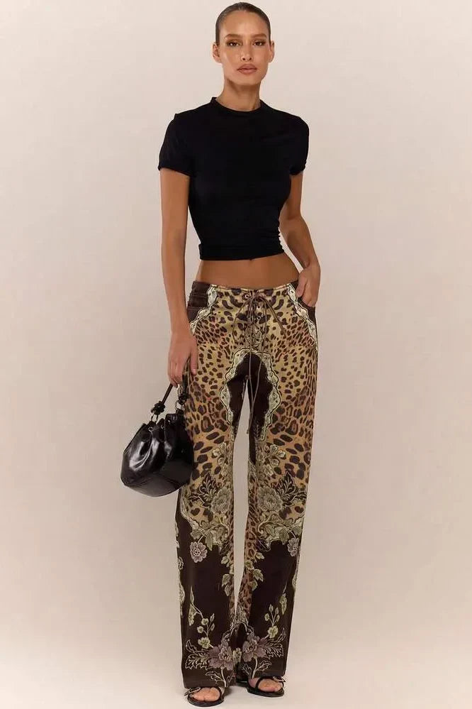 Low Rise Leopard Mix Lace-Up Pants