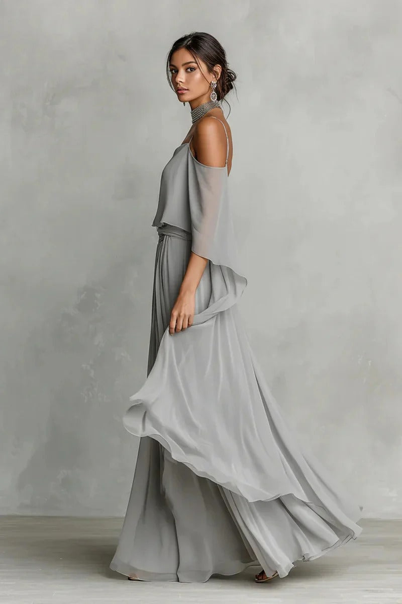 Grey Chiffon Cold-Shoulder Two-Piece Set
