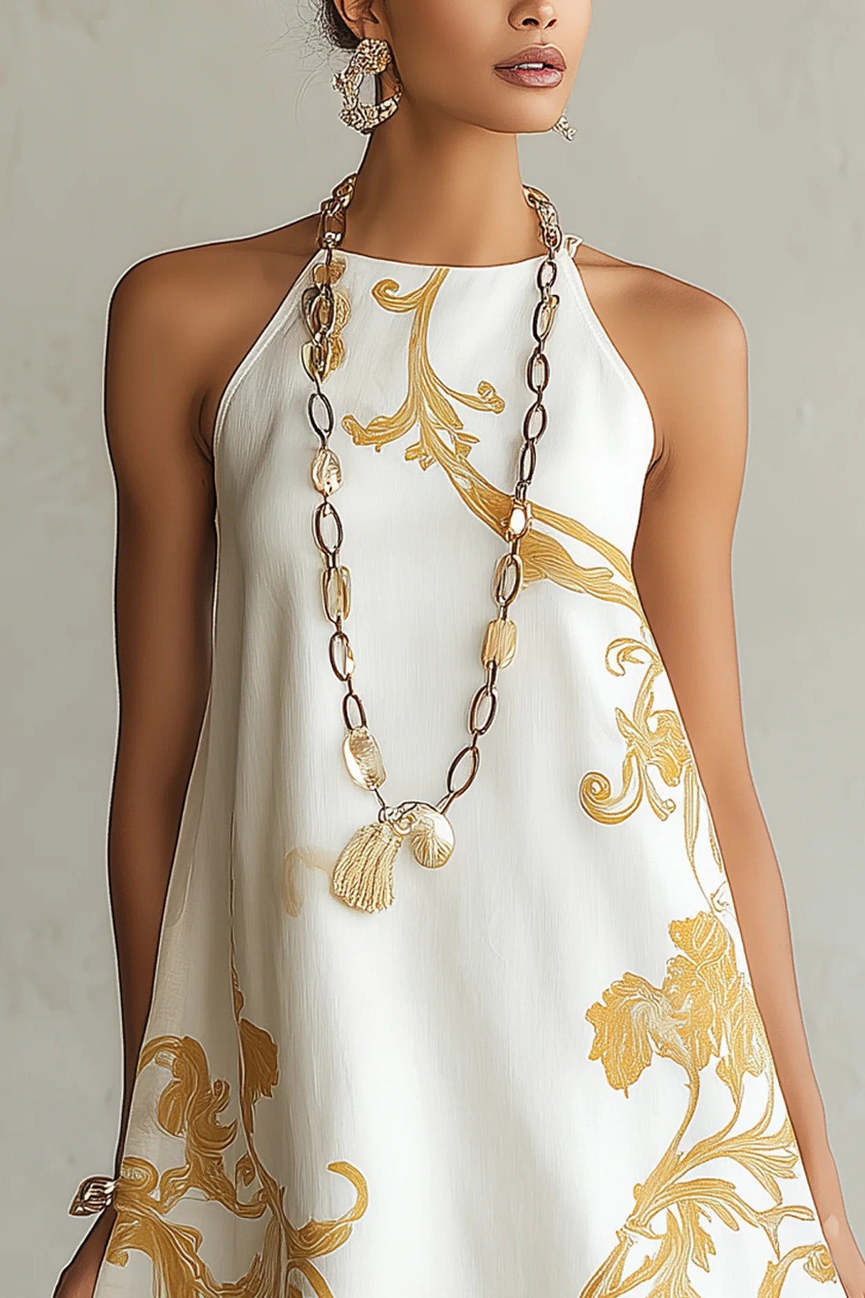 Golden Floral Halter A-Line Mini Dress