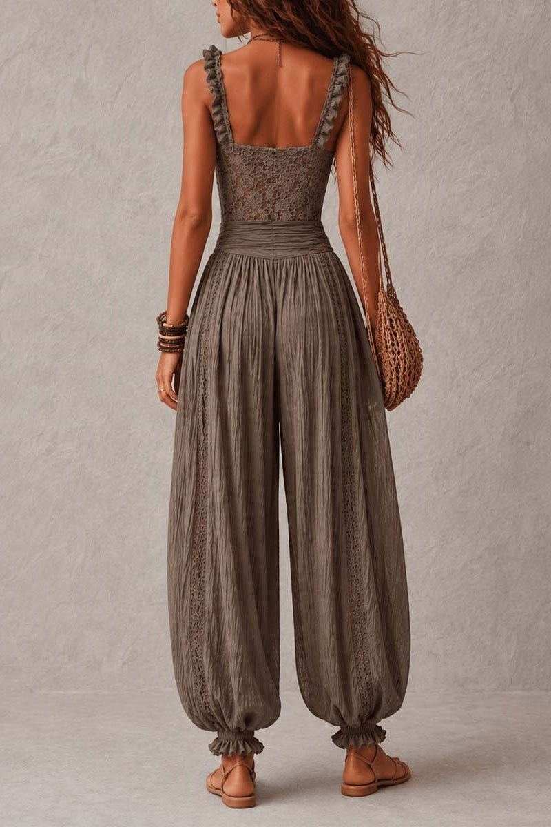 Grey Lace Bandeau Pleated Cotton Harem Pants Set