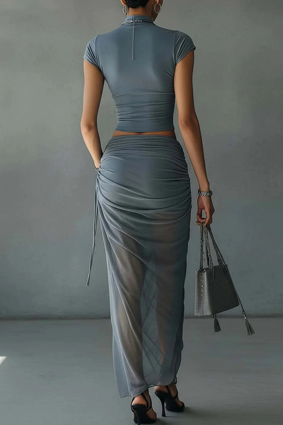 Blue Cropped T-Shirt Sheer Mesh Draped Skirt Set