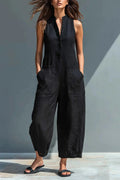 Black Linen Stand Collar Sleeveless Jumpsuit