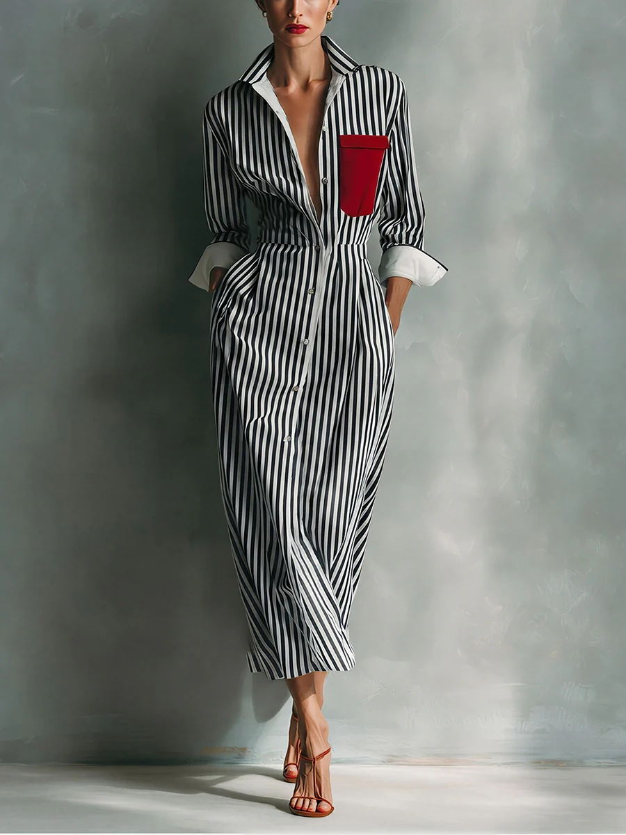 Blue And White Cotton Striped Shirt Dress