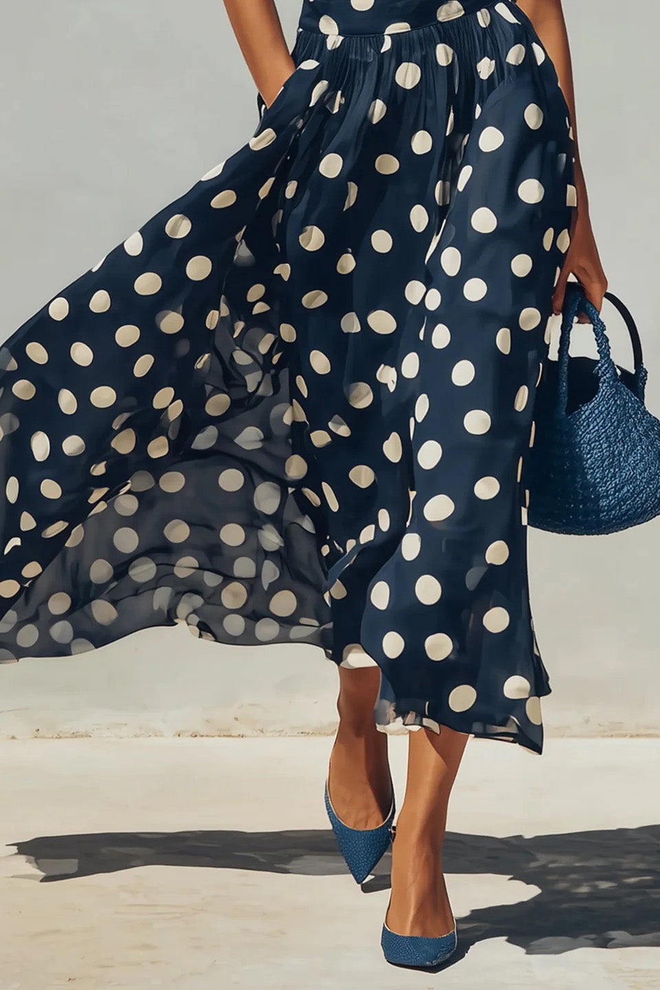 Navy Knit Top And Polka Dot Chiffon Skirt Set