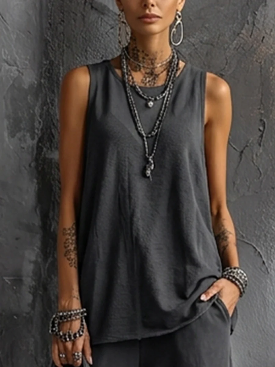 Dark Gray Cotton Sleeveless Top + Jogger Set