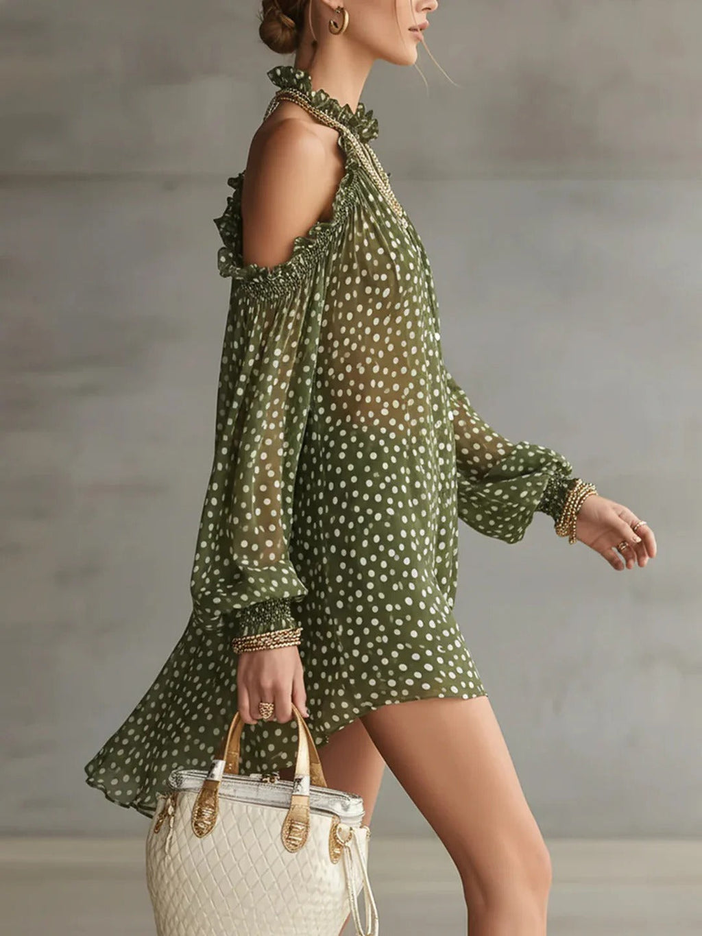 Green Polka Dot Cold Shoulder Mini Dress