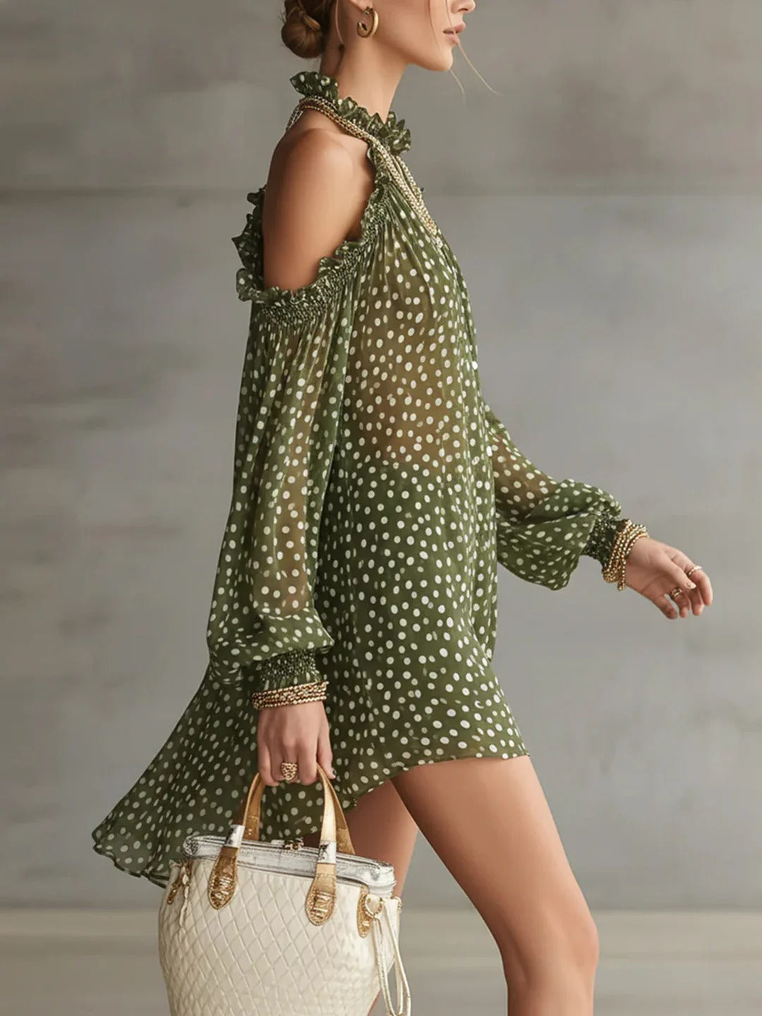 Green Polka Dot Cold Shoulder Mini Dress
