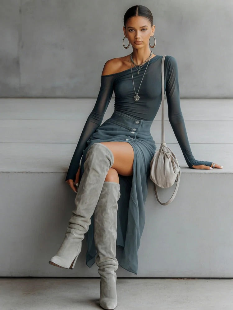 Asymmetrical Sheer Gray Cutout Set