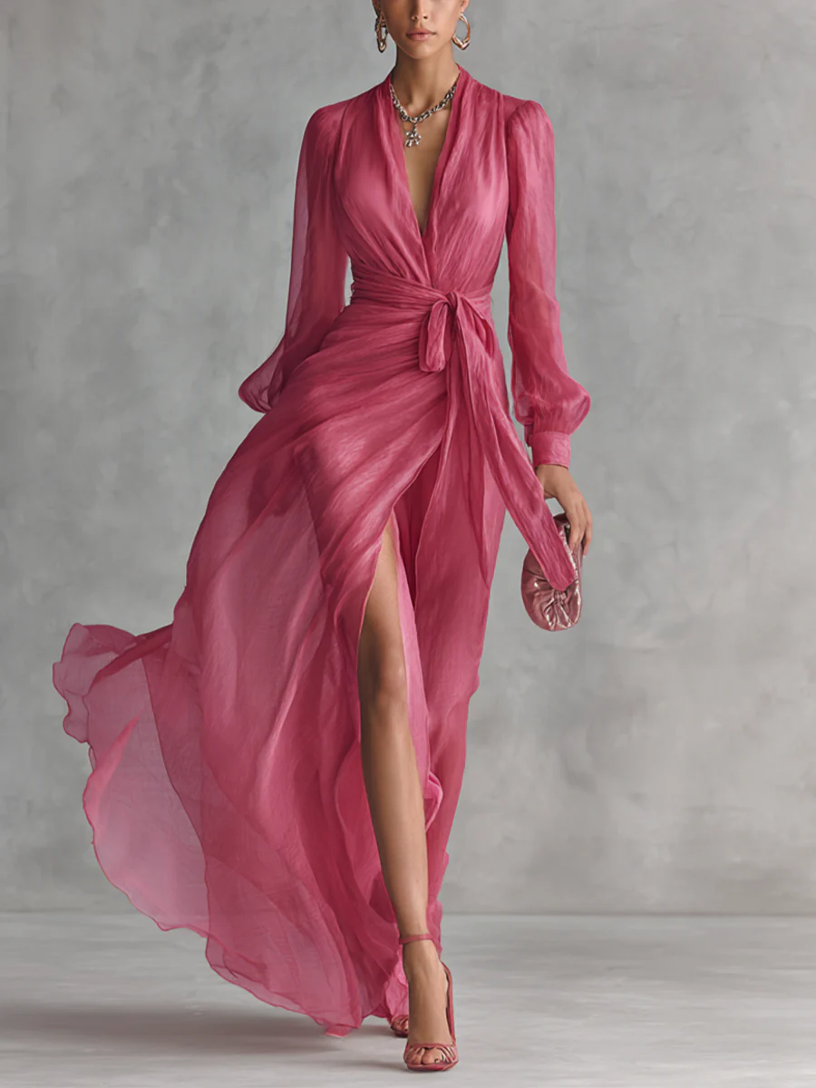 Elegant Pearl Chiffon V-Neck Maxi Dress