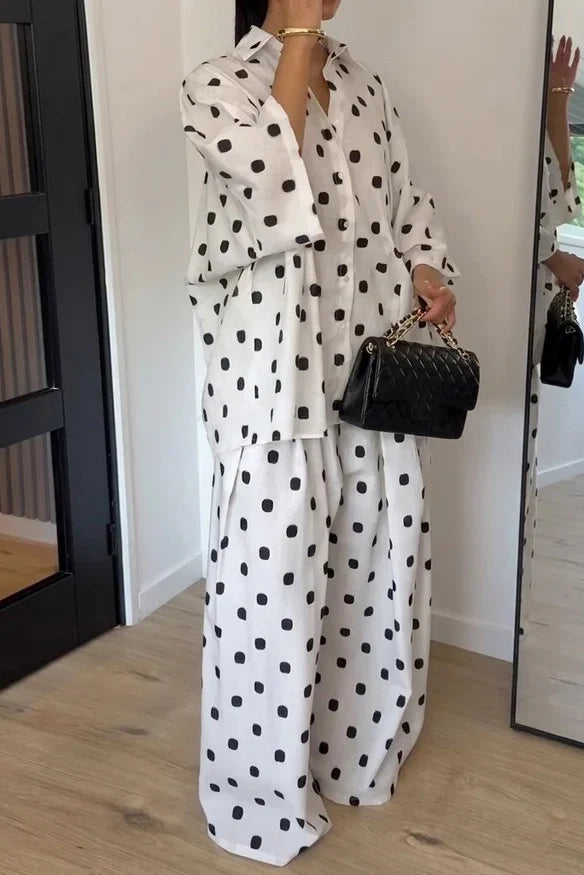 White Black Polka Dot Pants Set