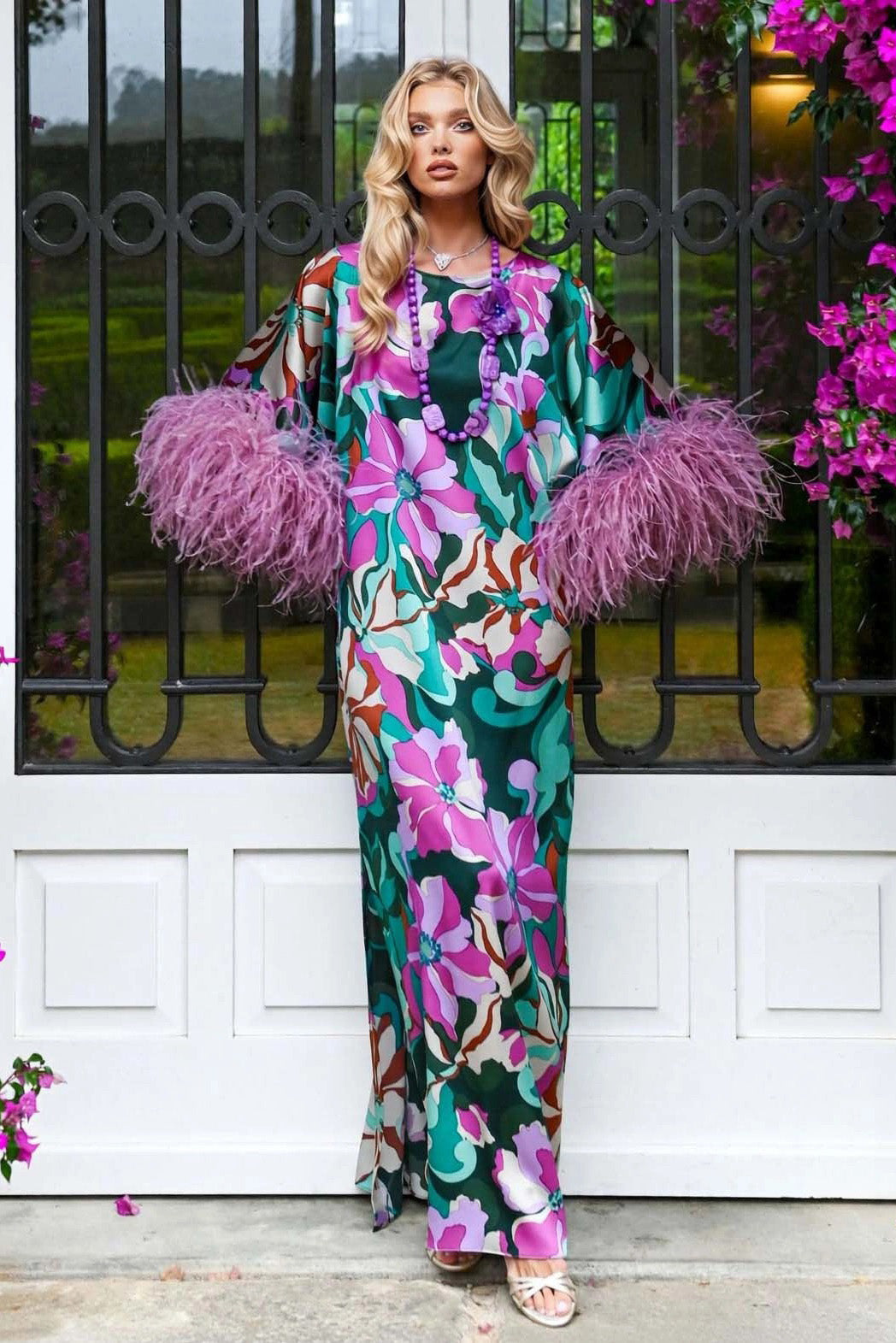 Bold Floral Feather Cuff Batwing Maxi Dress